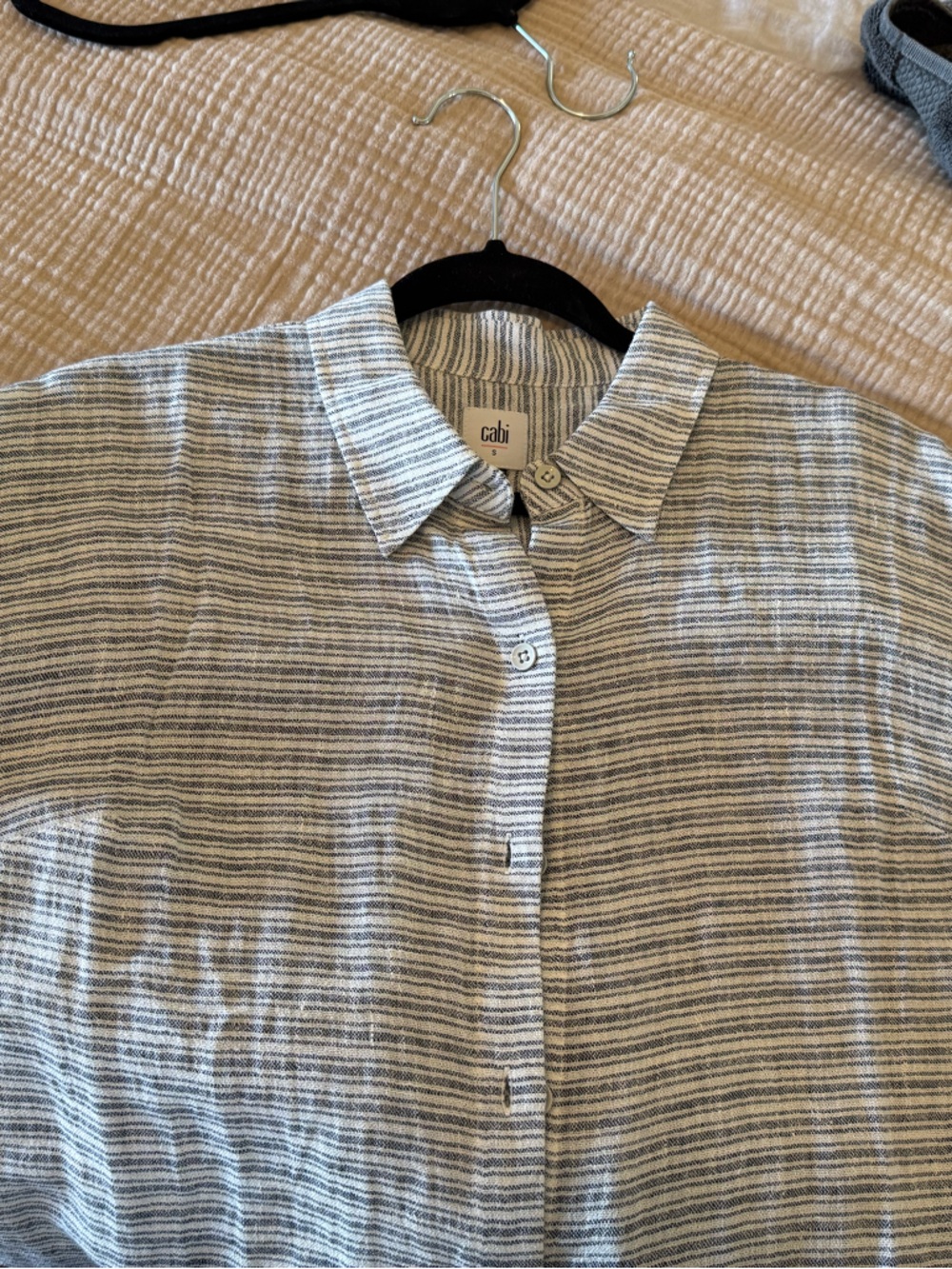 CAbi Relaxed Short-Sleeve Button Down — White & Blue Stripes - Picture 3 of 5
